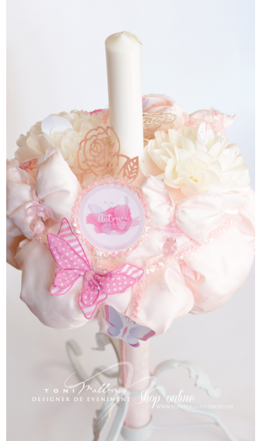 Lumanare de botez pentru fetite cu fluturi si dantele roz, 65x4cm,  Pink Butterfly  4